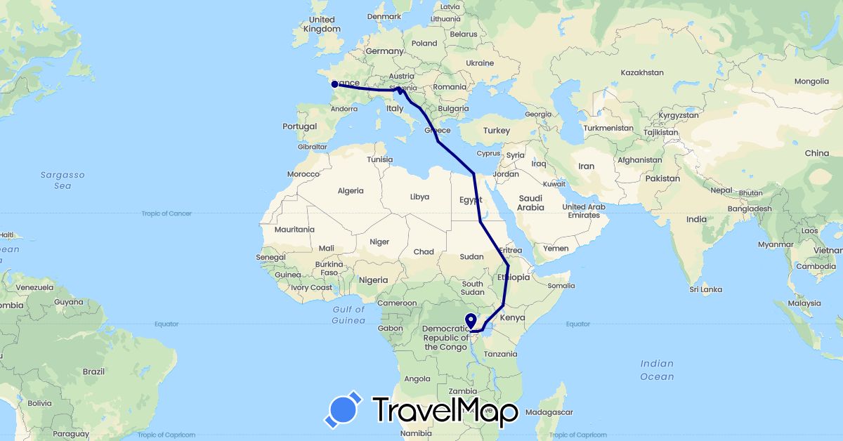 TravelMap itinerary: driving in Albania, Egypt, Ethiopia, France, Greece, Croatia, Italy, Kenya, Rwanda, Sudan, Tanzania, Uganda (Africa, Europe)